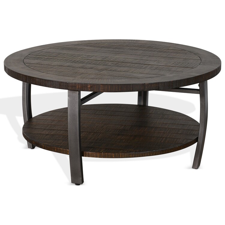 BenJara Flint Coffee Table w Shelf, Barrel Shape, 38 Inch Dark Brown Round Top image - 1