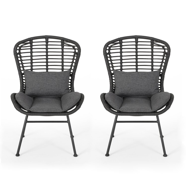 BenJara Outdoor Round Accent Chair Set of 2, Gray Faux Rattan, Black Iron image - 1