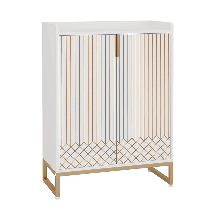 BenJara Shoe Cabinet, 2 Doors 5 Shelves, White Finish, Gold Metal Sled Legs image - 1