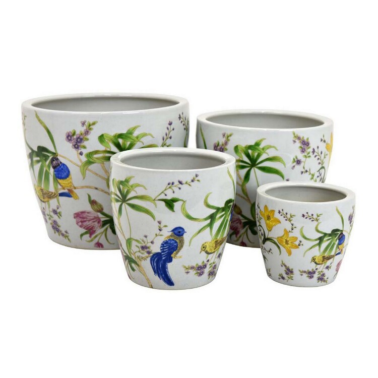 BenJara Kerry Planter Pot Set of 4, Floral Bird Pattern, White Green Ceramic image - 1