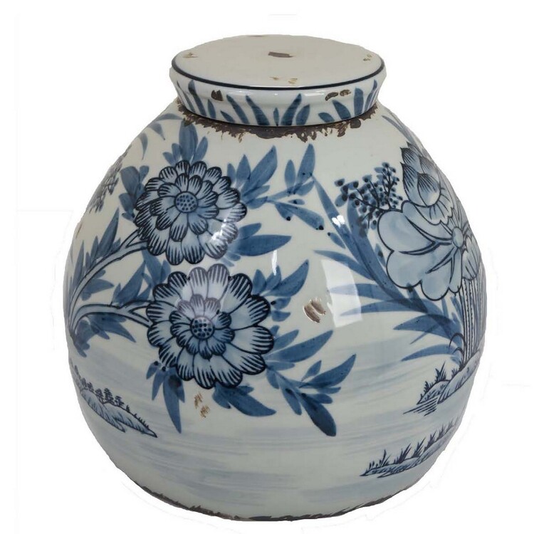 BenJara Accent Ginger Jar with Lid, Blue and White Ceramic, Floral Pattern image - 1