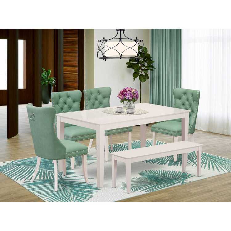 CADA6-LWH-22 6 Piece Dining Room Set Contains a Rectangle Dining Table and 4 Upholstered Chairs with a Bench, Linen White image - 1
