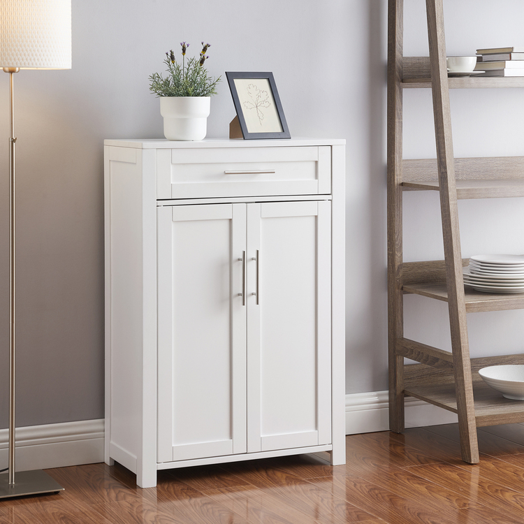 HomeStock Modern Motifs Transitional Wood Home Storage Cabinet in White/Nickel, 2 Adjustableand Removable Shelves, 1 Drawer, 11.75"D x 23.88"W x 36"H image - 1