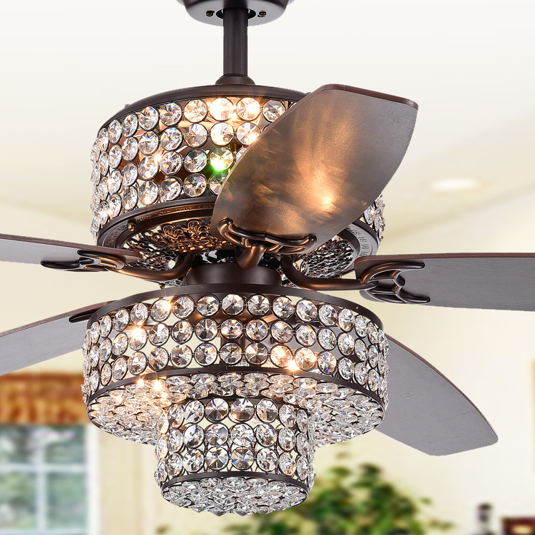 Warehouse of Tiffany Tierna 5-Blade 52-Inch Rustic Bronze Lighted Ceiling Fans Two-Tiered Crystal Shade Optional Remote (incl 2 Color Option Blades) image - 1
