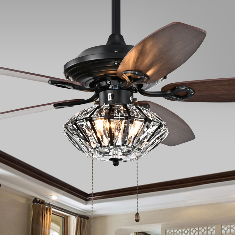 Warehouse of Tiffany Copper Grove Toshevo Remote Control 52-inch Lighted Ceiling Fan with Crystal Shade and Reversible Blades?- Pull Chain/Hardwired image - 1