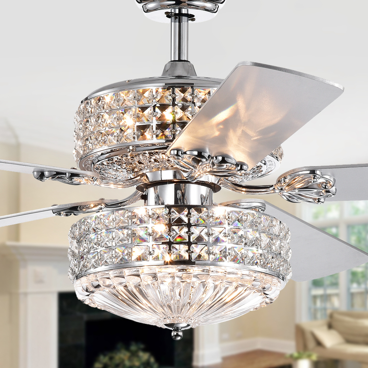 Warehouse of Tiffany Chrome Ceiling Fan with Crystal Shades - 52