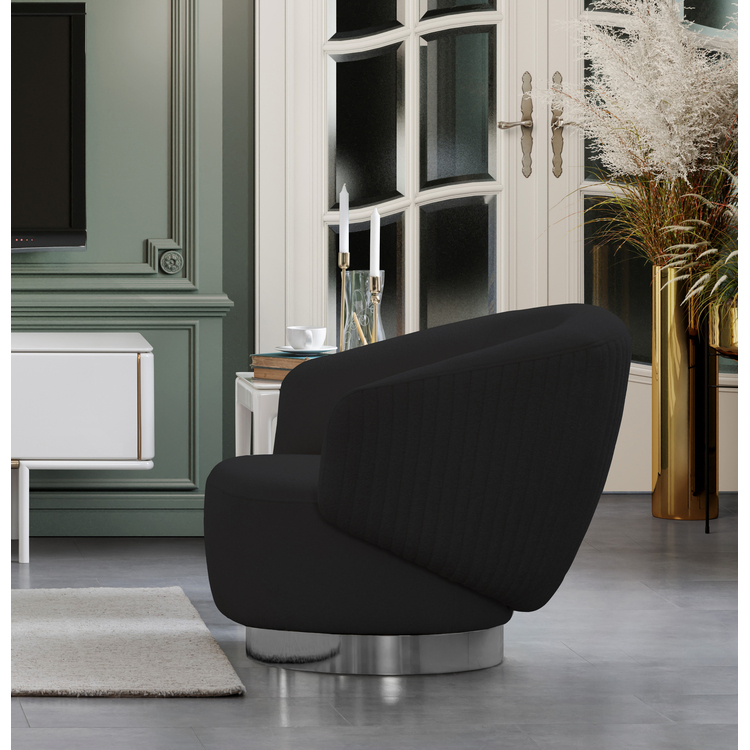 Whiteline Modern Living Erzin Swivel Accent Chair, Black Feathered Fabric, Nickel Legs image - 1