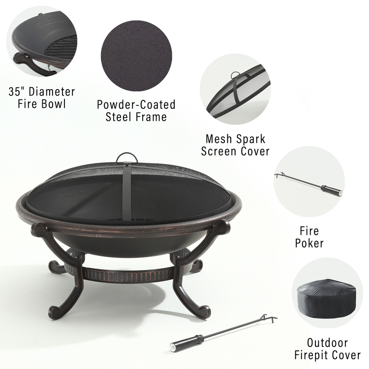 Outdoor Steel Fire Pit with Protective Mesh and Poker - Crosley image - 1