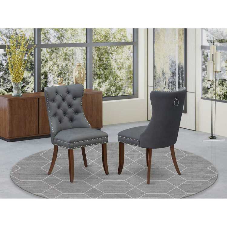 DAP3F13 Dallas Parson Dining Chairs - Button Tufted Nailhead Trim Platinum Gray faux Leather Padded Chairs, Set of 2, Mahogany image - 1