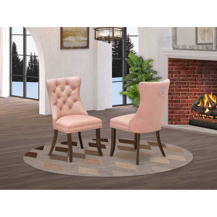 DAP8F23 Dallas Parson Dining Room Chairs - Button Tufted Nailhead Trim Beige Red faux Leather Upholstered Chairs, Set of 2, Antique Walnut image - 1