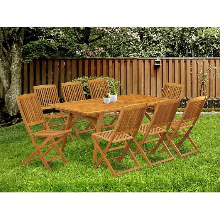 Patio Dining Set - Acacia Wood Table & 8 Folding Chairs - OJCommerce.com