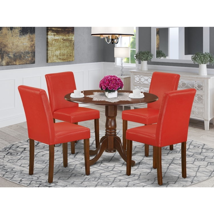 DLAB5-MAH-72 5Pc Round 42" Kitchen Table With Two 9-Inch Drop Leaves And Four Parson Chair With Mahogany Leg And Pu Leather Color Firebrick Red image - 1
