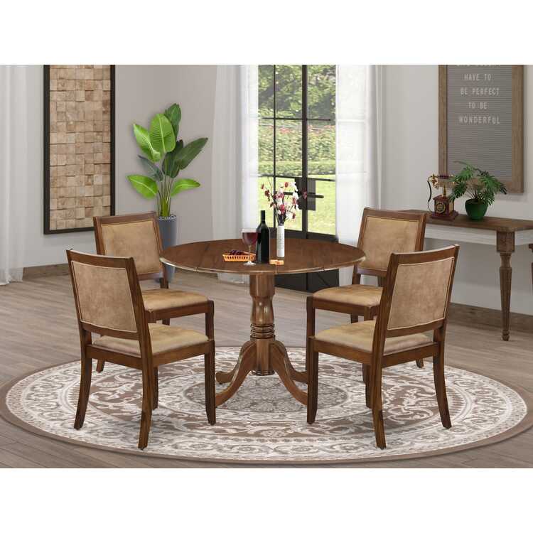 Antique Walnut Round Dining Table Set 5-Piece Brown Leather Chairs image - 1