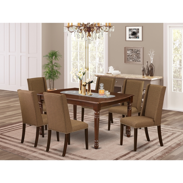 HomeStock Classic Comfort 7-Piece Dining Room Set- 6 Parson Chairs And Butterfly Leaf Kitchen Table Solid Wood Structure -High Back & Mahogany Finish image - 1