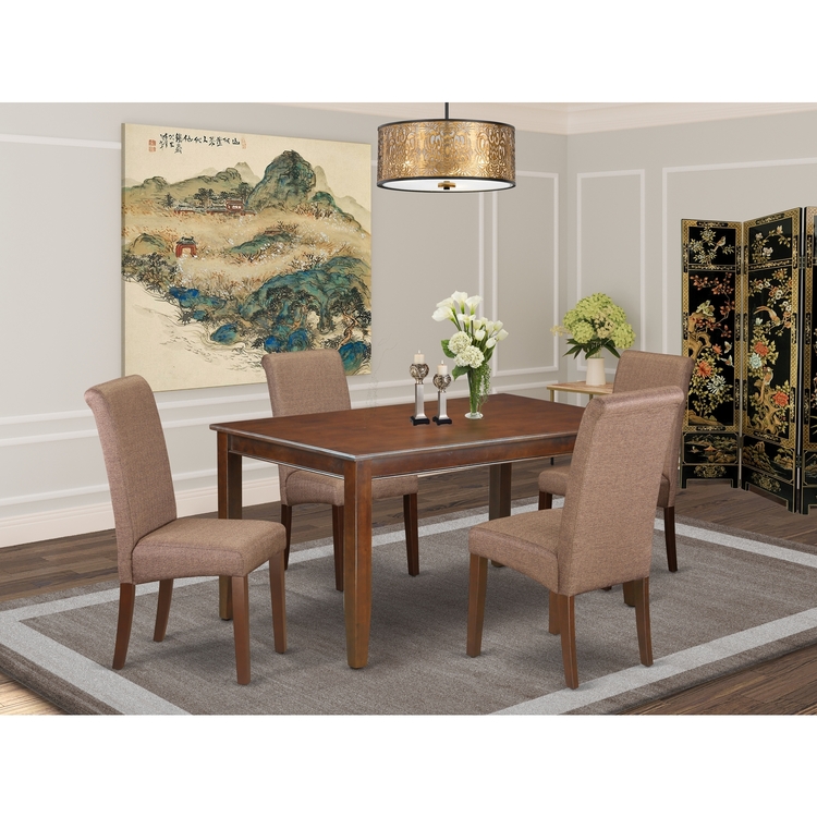 DUBA5-MAH-18 5Pc Kitchen table with linen brown fabric kitchen chairs with mahogany chair legs image - 1
