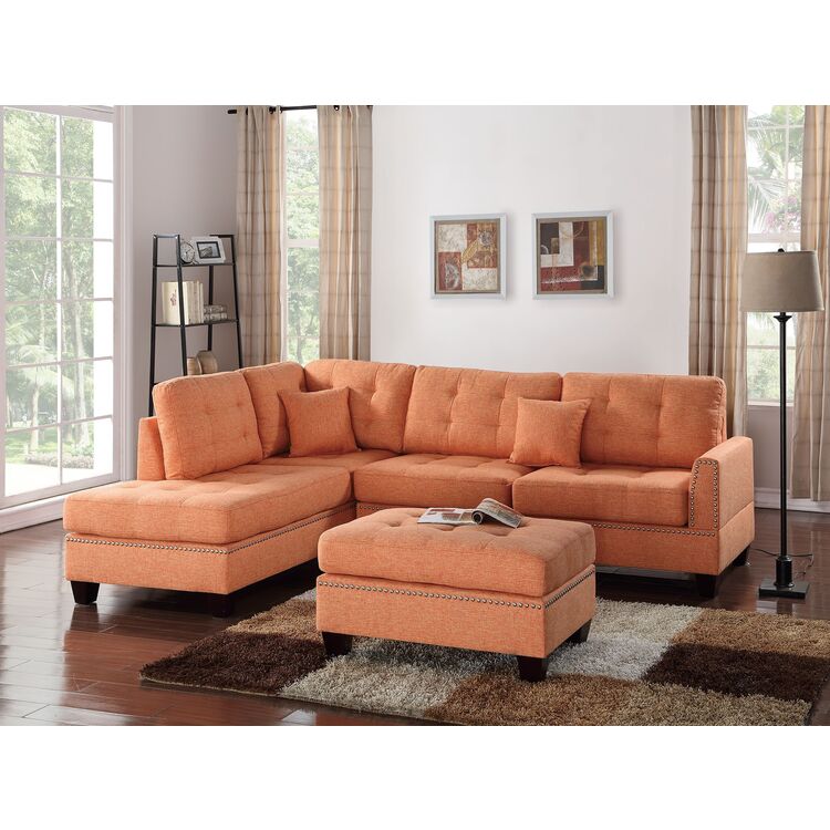 Poundex 3 Piece Fabric Sectional Sofa Set with Ottoman in Citrus Orange