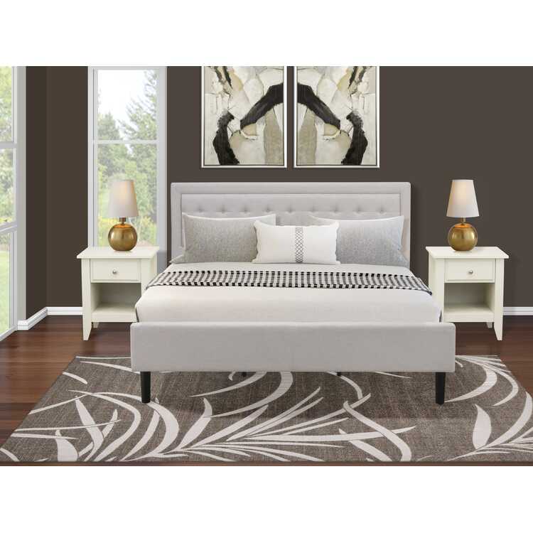 King Size Bed Set Platform Modern Nightstands Mist Beige Linen image - 1