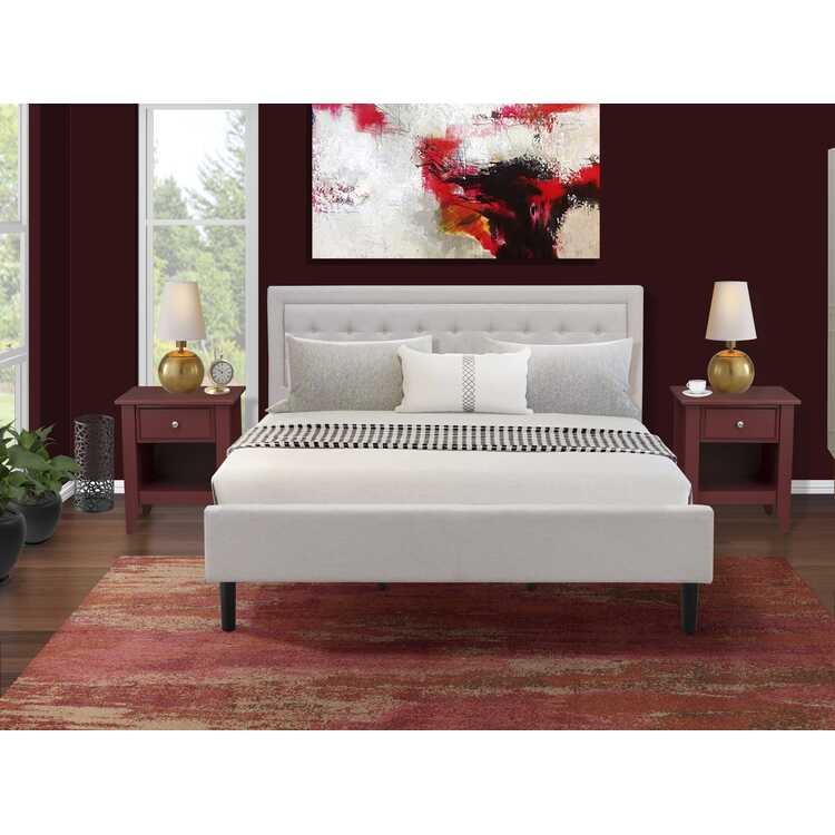 East West Furniture FN08K-2GA13 3-Piece Fannin Bedroom Set with 1 King Size Bed and 2 End Tables - Mist Beige Linen Fabric image - 1