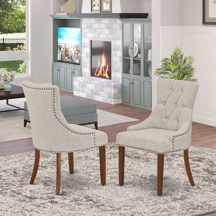 East West Furniture FRP3T05 Friona Parson Dining Chairs - Button Tufted Nailhead Trim Doeskin Linen Fabric Upholstered Chairs, Set of 2, Mahogany image - 1