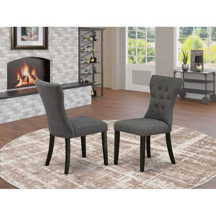 East West Furniture GAP6T50 Gallatin Parson Chairs - Button Tufted Nailhead Trim Dark Gotham Linen Fabric Upholstered Dining Chairs, Set of 2, Wirebrushed Black image - 1