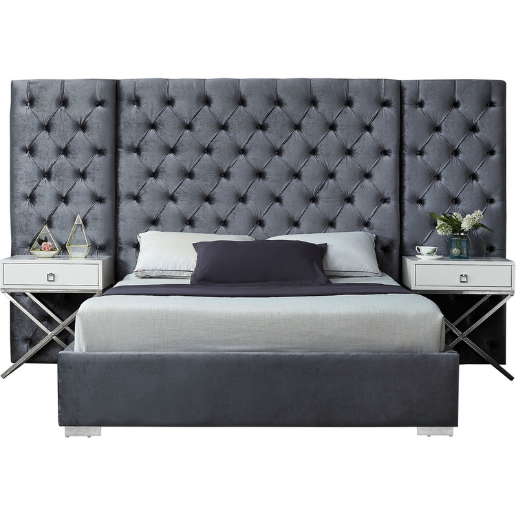King Size Bed Grey Velvet Upholstered Platform Bed Frame Modern Bedroom Furniture image - 1