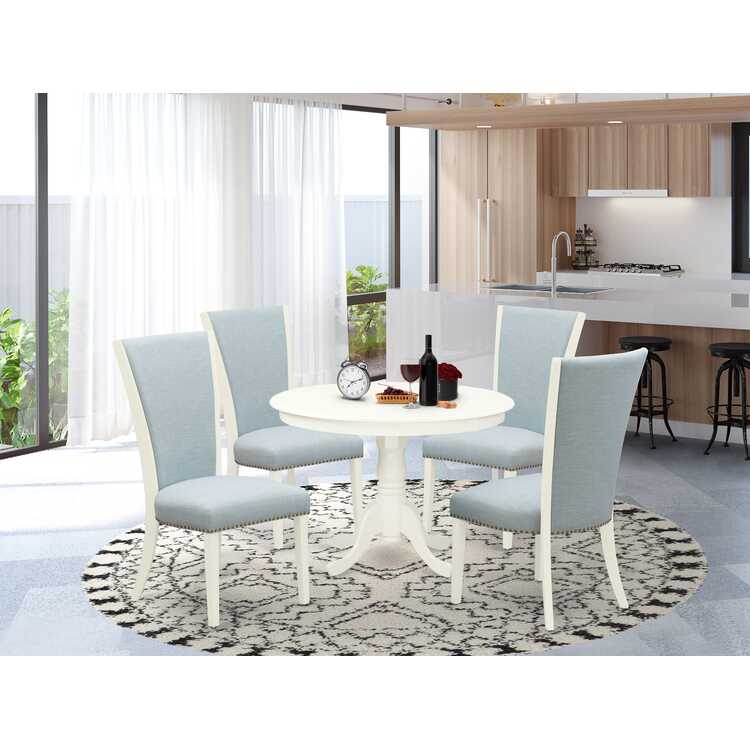 5 Piece Round Dining Set - White Table & Blue Chairs - OJCommerce.com