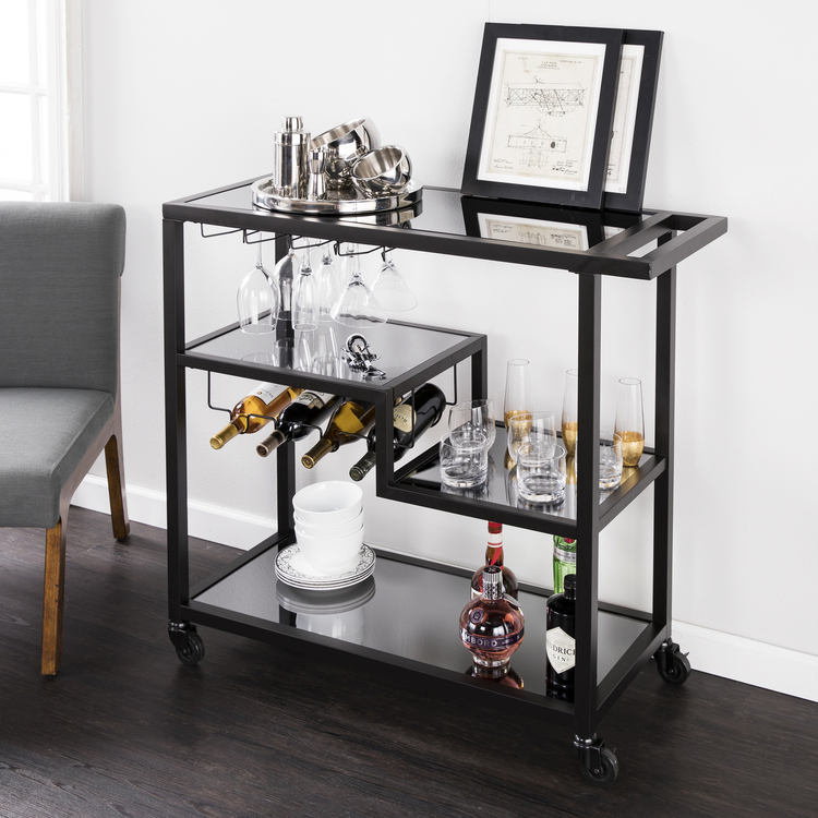 SEI Modern Black Bar Cart with Smoked Glass Shelves