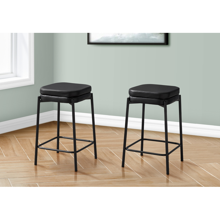 Monarch Specialties Barstool, Counter Height, Set Of 2, Kitchen, Black Leather Look, Black Metal, Contemporary, Modern image - 1