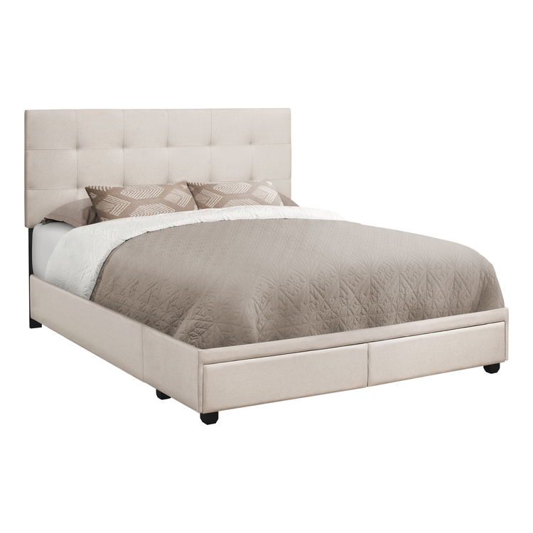 Monarch Specialties Bed, Queen Size, Platform, Bedroom, Frame, Upholstered, Linen Look, Wood Legs, Beige, Black, Transitional image - 1