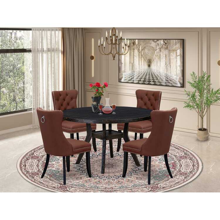 Round Dining Table Set with 4 Burgundy Faux Leather Chairs image - 1
