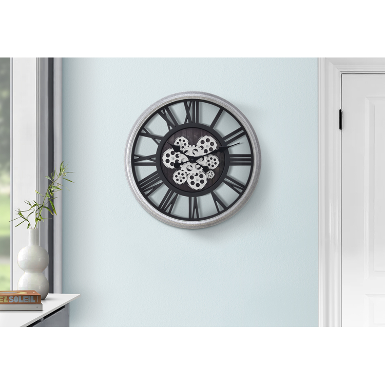 Monarch Specialties Clocks, 20" Round, Gear Mechanism, Wall Clock, Black, Silver, Transitional image - 1