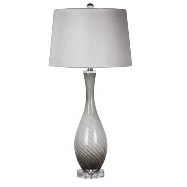Bethel International Grey Glass Table Lamp with A Crystal Base and A Drum Shade image - 1