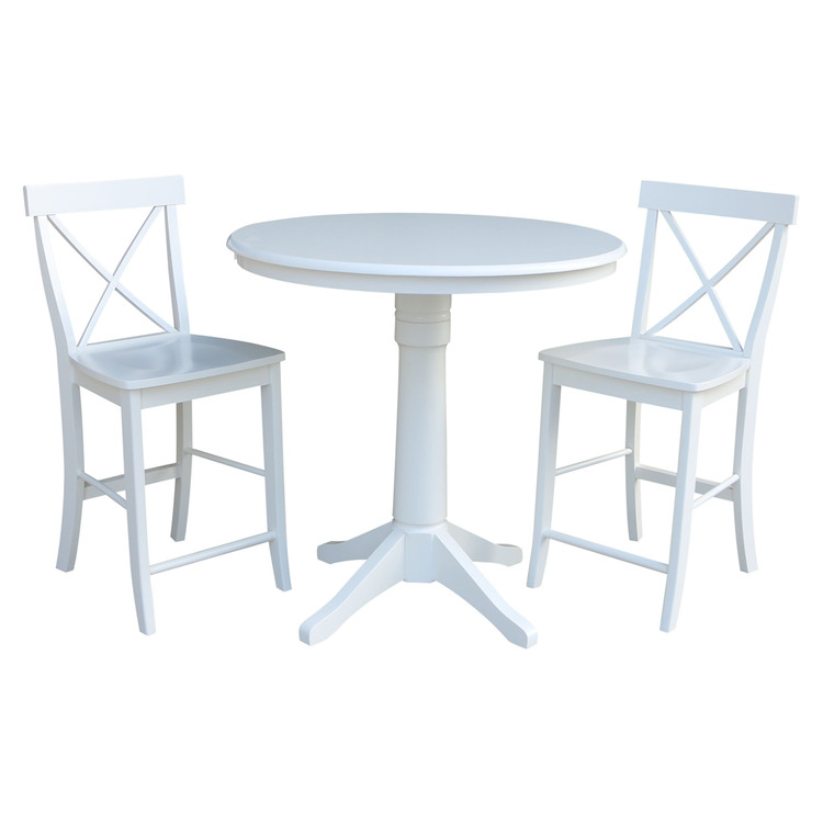 International Concepts 36" Round Pedestal Gathering Height Table With 2 X-Back Counter Height Stools image - 1
