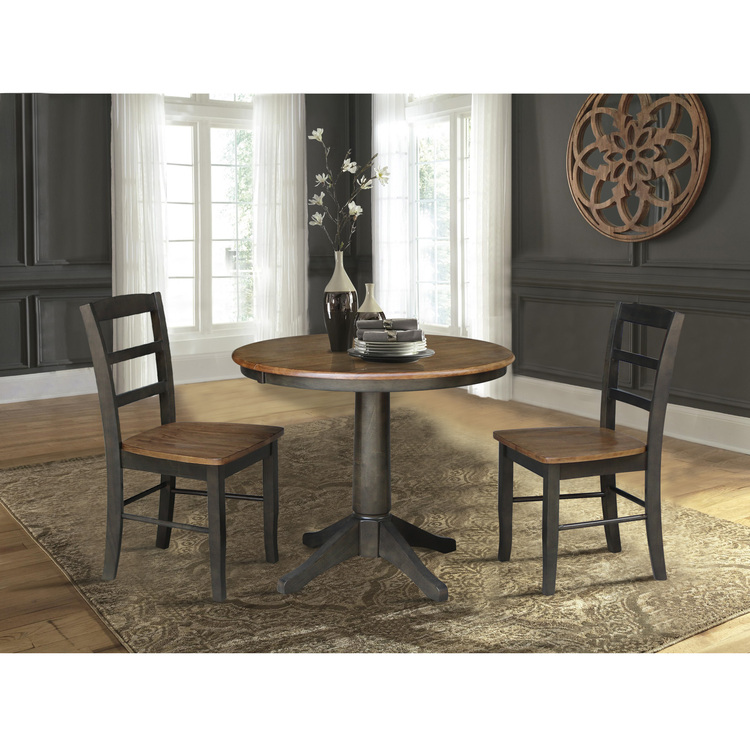 International Concepts 36" Round Extension Dining Table with Leaf and 2 Madrid Ladderback Chairs - 3 Piece Dining Set image - 1