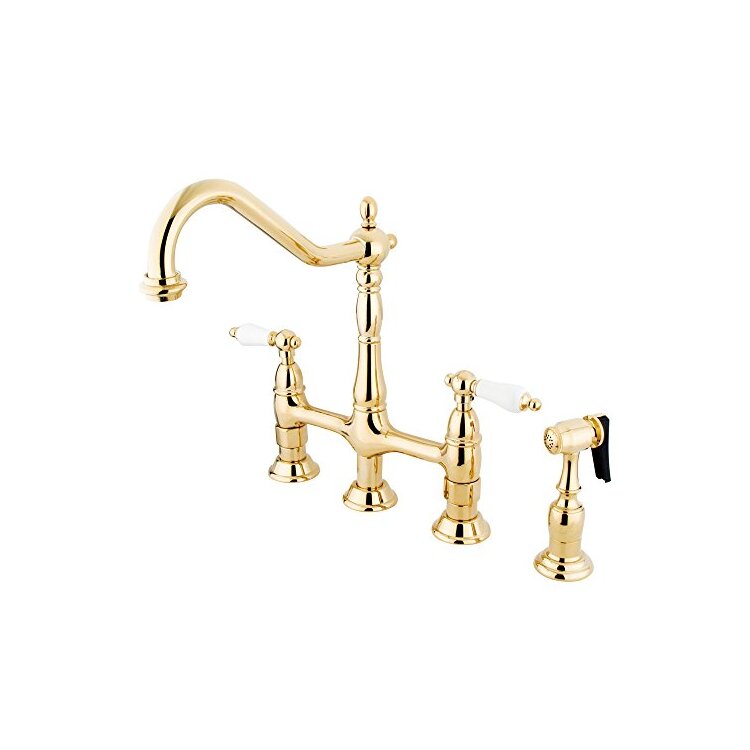8 Deck Mount Double Handle Kitchen Faucet w/Side Sprayer & Low Arc Spout - Kingston Brass image - 1