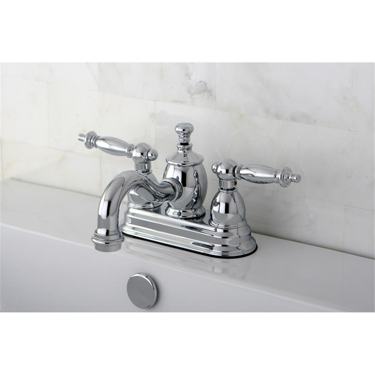 Kingston Brass 4" Centerset Lavatory Faucet with Heritage Spout and Metal Lever Handle, Satin Nickel image - 1