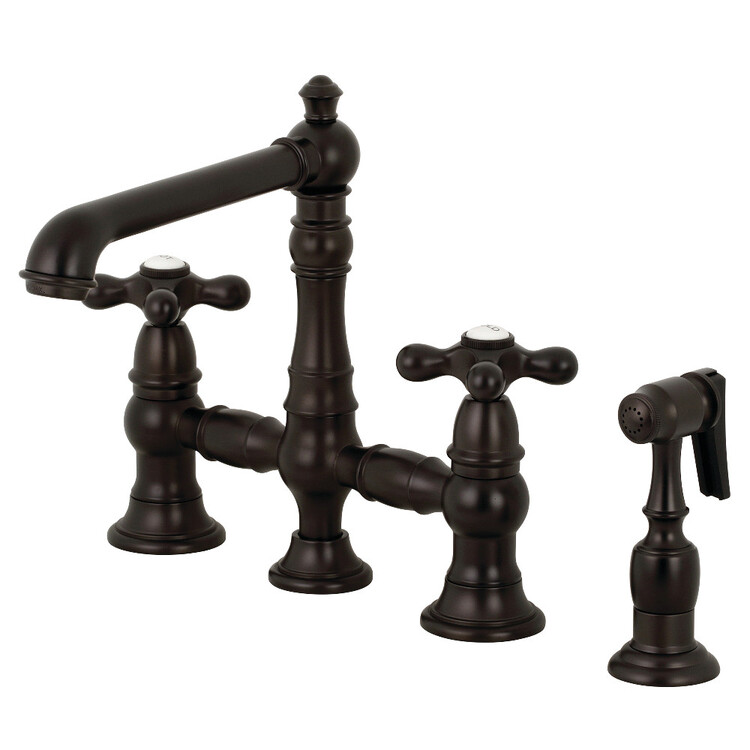 English Country Bridge Kitchen Faucet with Sprayer Oil Rubbed Bronze Finish 8 Inch - Kingston Brass image - 1