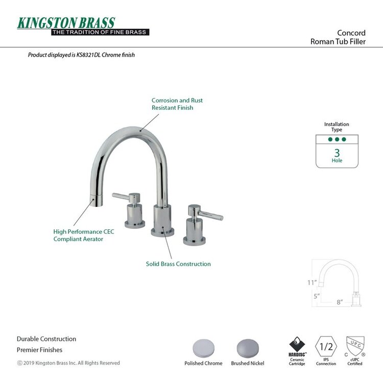 Kingston Brass KS8328DL Concord Roman Tub Filler with Metal lever handle Brushed Nickel Kingston Brass KS8328DL Concord Roman Tub Filler with Metal lever handle Brushed Nickel