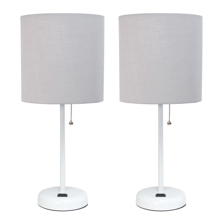 Simple Designs White Stick Lamp with Charging Outlet and Fabric Shade 2 Pack Set, Gray image - 1