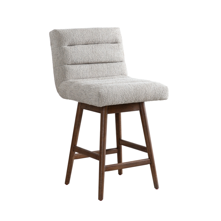 Armen Living Elias Brown Solid Wood Upholstered 26" Counter Height Swivel Barstool with Morning Fog Fabric Seat image - 1