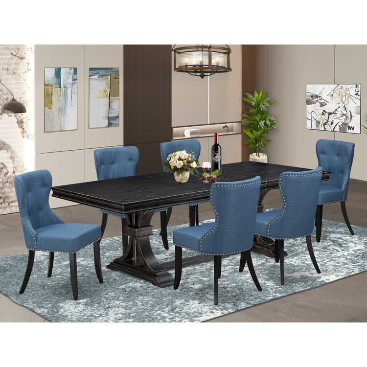 Luxe by East West Luxy Furniture - LESI7-SBB-21 - 7-piece Kitchen Table Set consists of a Kitchen Table and 6 Blue Linen Fabric Dinning Room Chairs with Button Tufted Back - Sand Blasting Black Finish image - 1