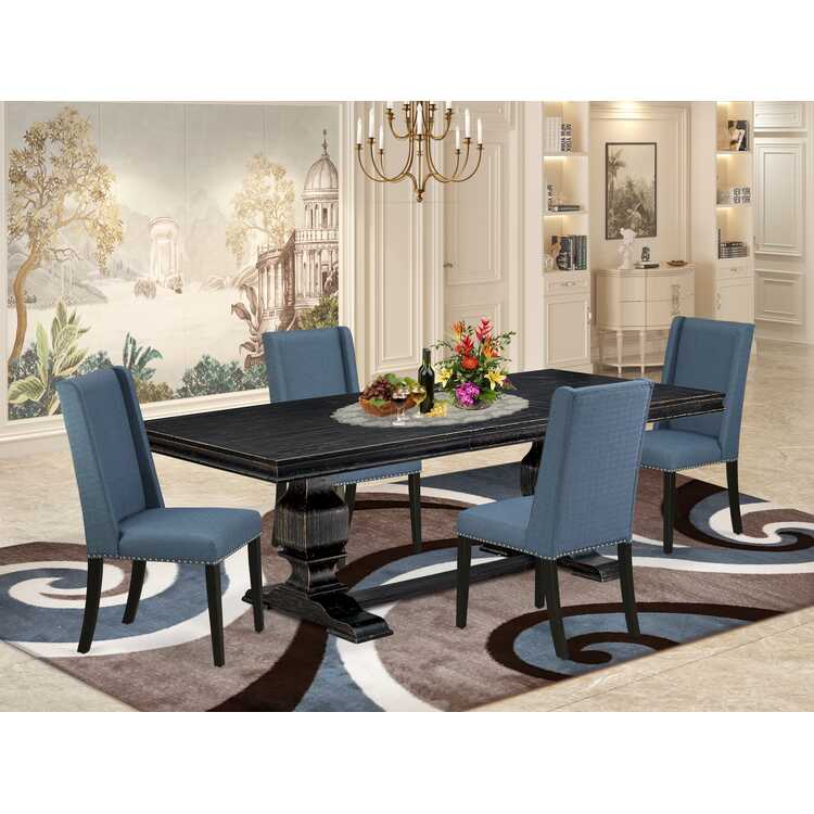 Luxe by East West Luxy Furniture LKFL5-SBB-21 - 5-piece kitchen table set consists of a rectangular table and 4 Mineral Blue Linen Fabric dining chairs with Padded Chair Back - Sand Blasting Black Finish. image - 1