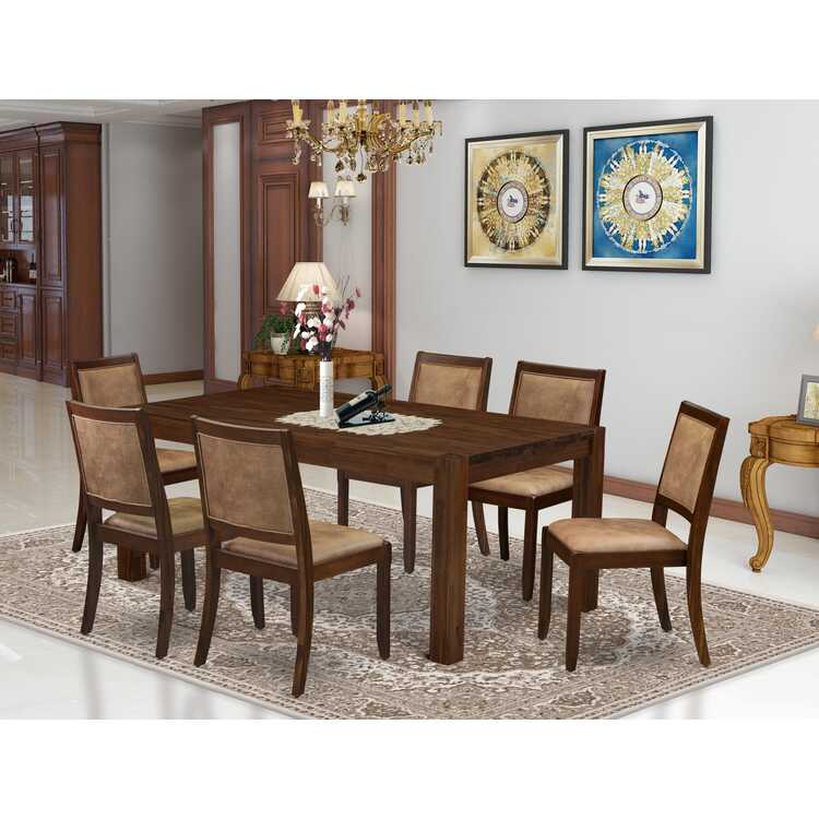 Brown Leather Stackable Chairs Dining Set Antique Walnut Finish image - 1