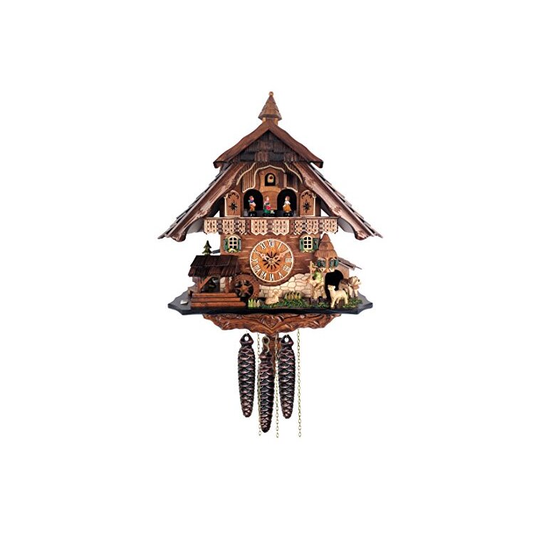 One Day Musical Cuckoo Clock Chalet Volksmarcher raises staff, waterwheel, turret image - 1