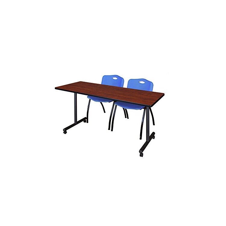 Cherry Training Table & Blue Stack Chairs Set - 66 x 24 Mobile Desk - Regency Seating image - 1