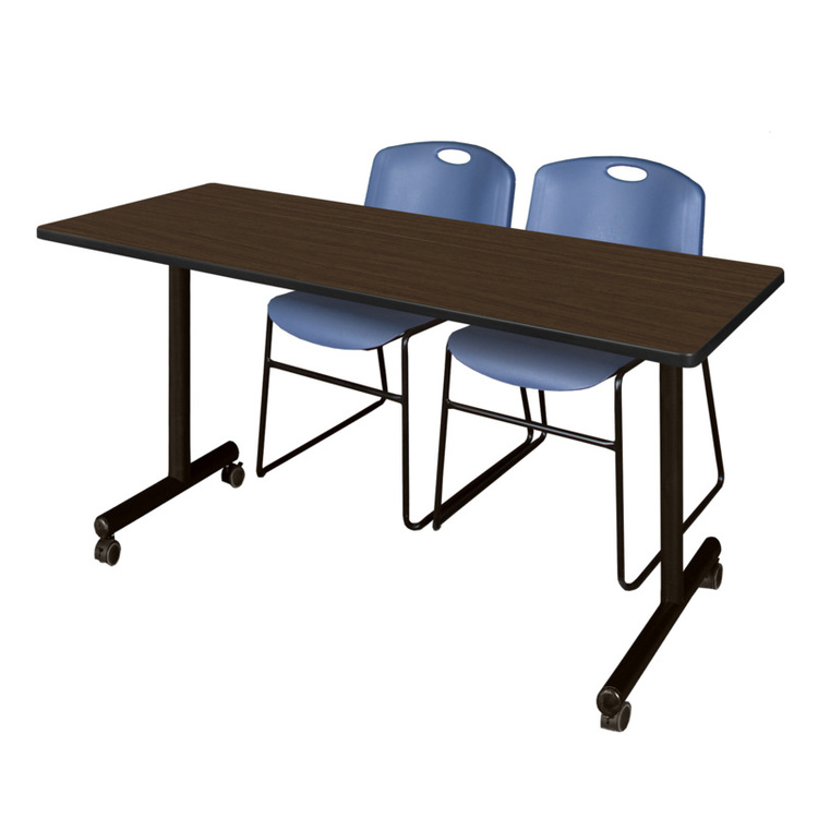 Regency Kobe 66 x 24 in. Mobile T-Base Training Table- Neo Walnut, 2 Zeng Stack Chairs- Blue image - 1