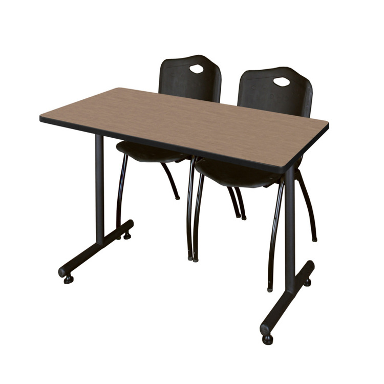 Regency Kobe 48 x 24 in. T-Base Training Seminar Table- Noble Oak, 2 M Stack Chairs- Black image - 1