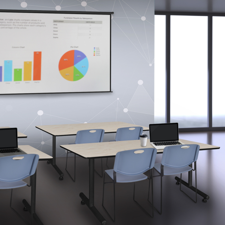 72" x 24" Kobe Training Table- Maple & 2 Zeng Stack Chairs- Blue image - 1