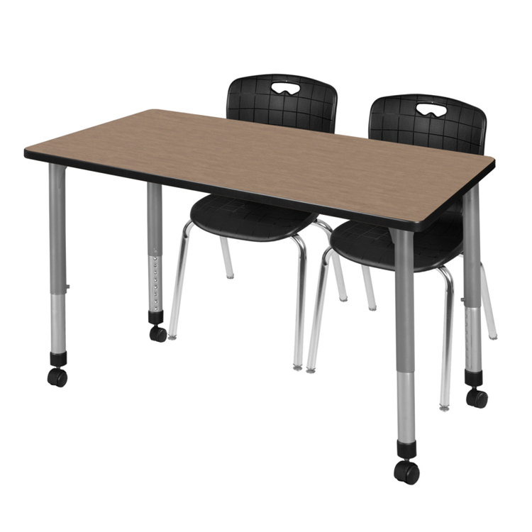 Regency Kee 60 x 30 in. Mobile Adjustable Classroom Table- Noble Oak Top, Grey Base & 2 Andy 18 in. Mobile Black Stack Chairs image - 1