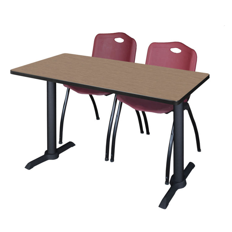 Regency Cain 48 x 24 in. T-Base Training Seminar Table- Noble Oak & 2 M Stack Chairs- Burgundy image - 1